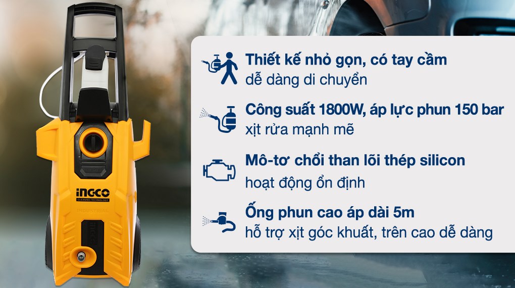 Máy phun xịt rửa áp lực cao Ingco HPWR18008 với công suất 1800W, phù hợp với việc rửa xe tại nhà