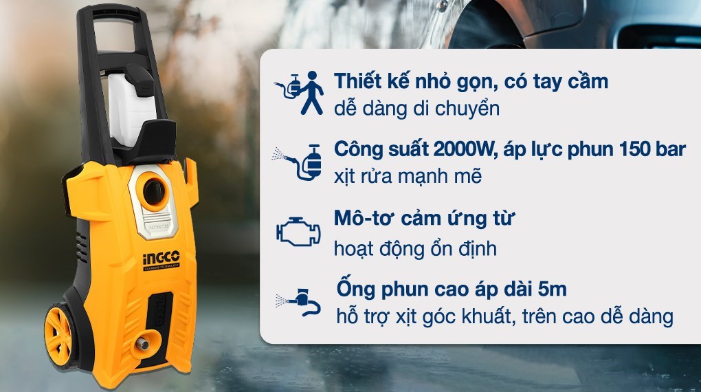 Máy phun xịt rửa áp lực cao Ingco HPWR20008 với áp lực phun nước mạnh mẽ lên đến 150 bar, giúp việc rửa xe nhanh chóng, đơn giản