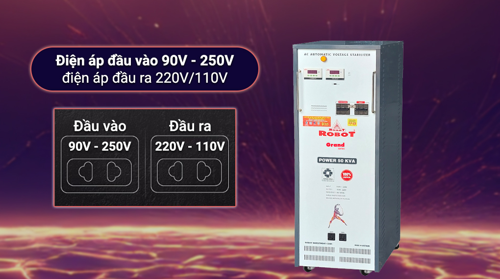 Đồng hồ hiển thị điện áp đầu vào và đầu ra trên ổn áp