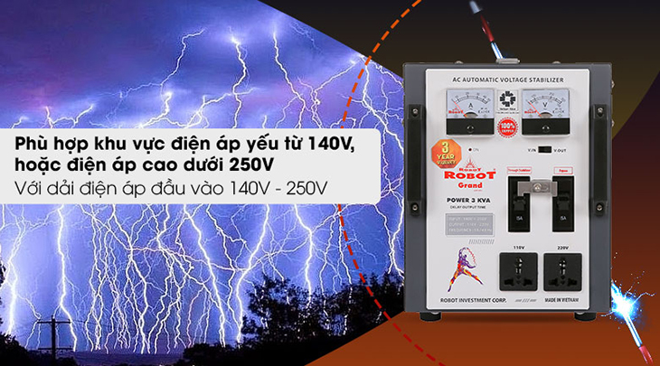 Ổn áp Robot 1 pha 3KVA 140 có dải điện rộng 140 - 250V