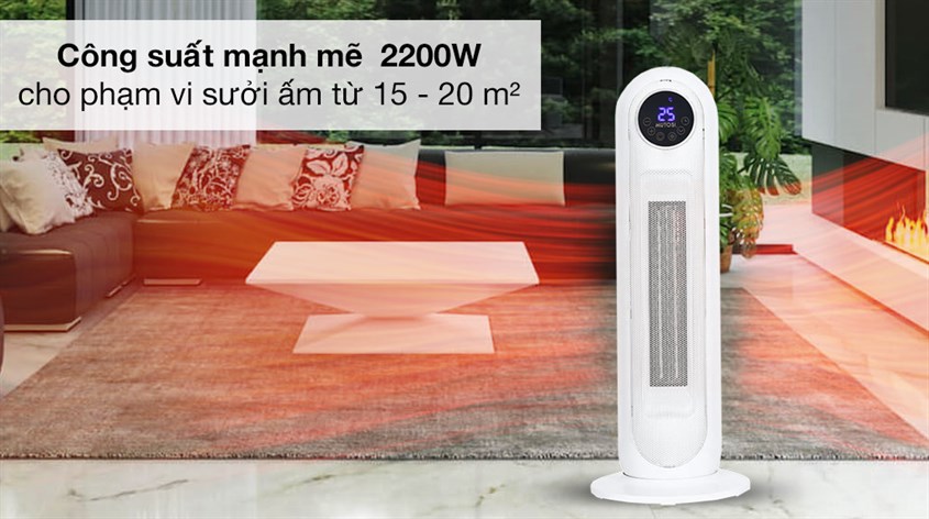 Quạt sưởi gốm ceramic Mutosi MCH-2200 hoạt động với công suất lớn 2000W, phù hợp để sưởi ấm ở những không gian có diện tích lớn