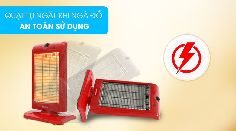 Quạt sưởi halogen Sunhouse SHD7016 được tích hợp chế độ tự ngắt điện khi đổ ngã giúp bảo vệ máy không bị hư hỏng