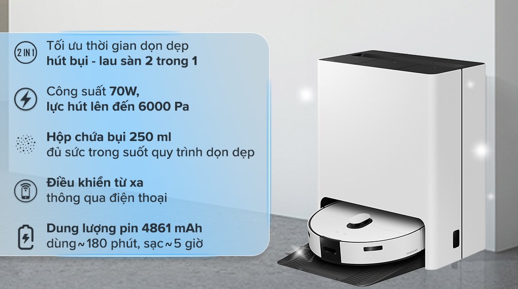 Robot hút bụi lau nhà Samsung VR7MD96514G/SV sở hữu các tính năng AI nâng cao mang lại trải nghiệm làm sạch đáng ngạc nhiên cho người dùng