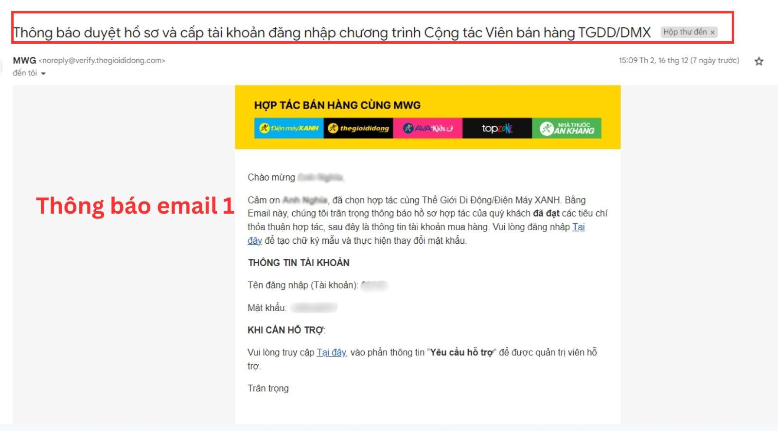 Email thông báo tài khoản và mật khẩu đăng nhập