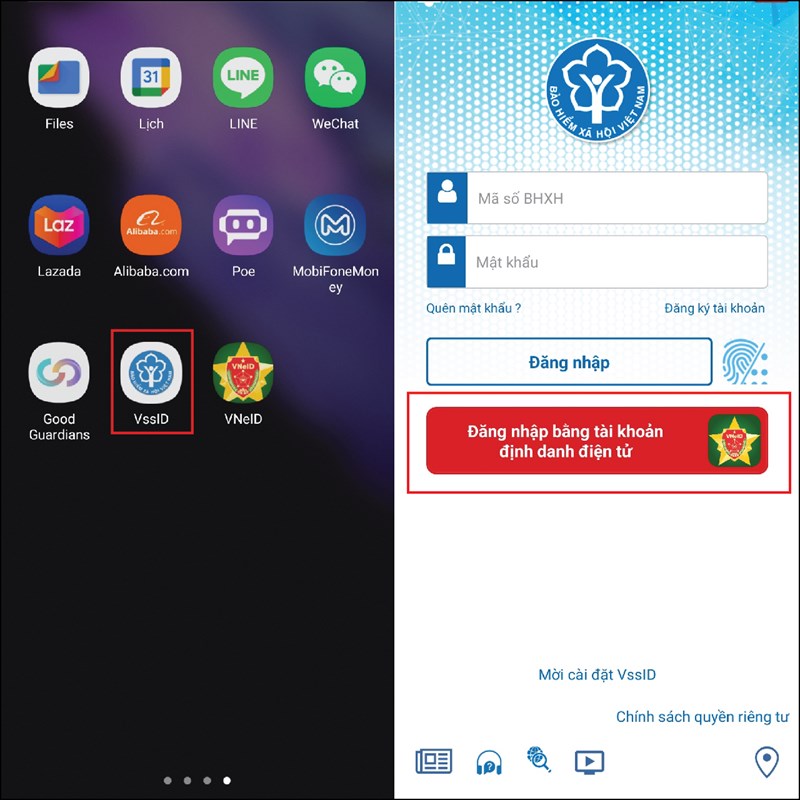 Mở ứng dụng VssID trên điện thoại, tại màn hình đăng nhập chọn Đăng nhập bằng tài khoản định danh điện tử VNeID