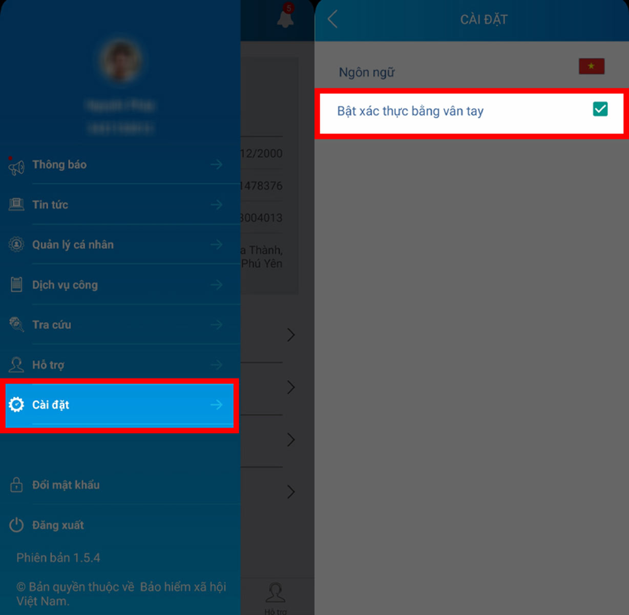 Sau lần đăng nhập đầu tiên, vào Menu (3 gạch) > Cài đặt để bật xác thực vân tay hoặc FaceID
