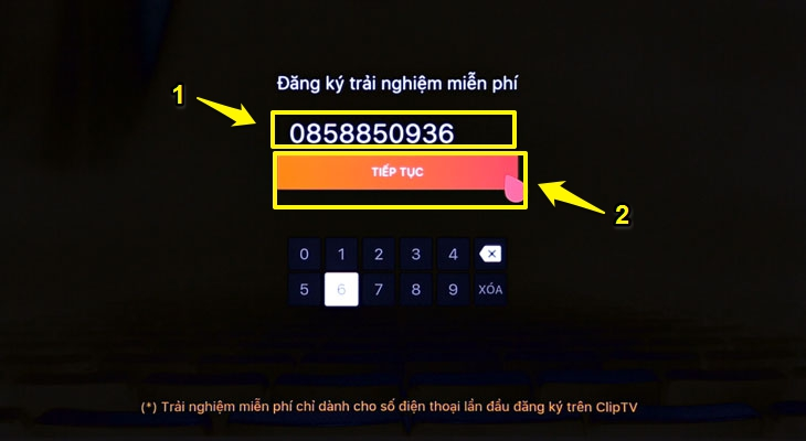 Bạn nhập số điện thoại (1) của bạn vào bằng cách chọn lần lượt các chữ số ở bảng và nhấn OK để nhập, sau đó nhấn