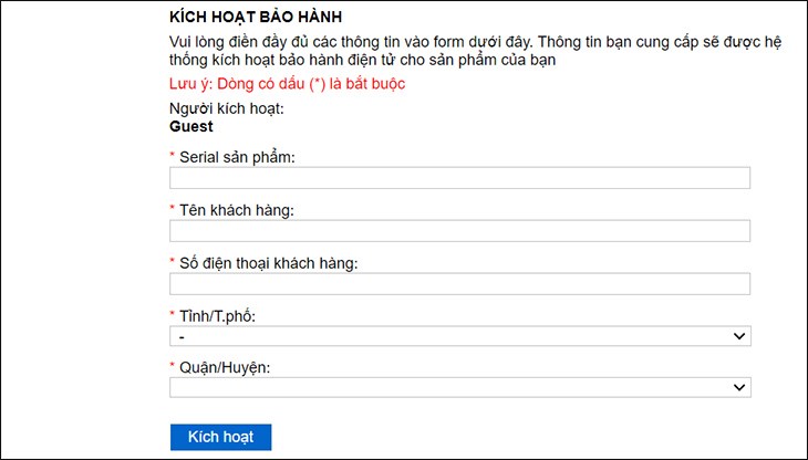 Điền đầy đủ các thông tin vào các ô đánh dấu * và nhấn nút kích hoạt để kích hoạt  bảo hành điều hòa Funiki