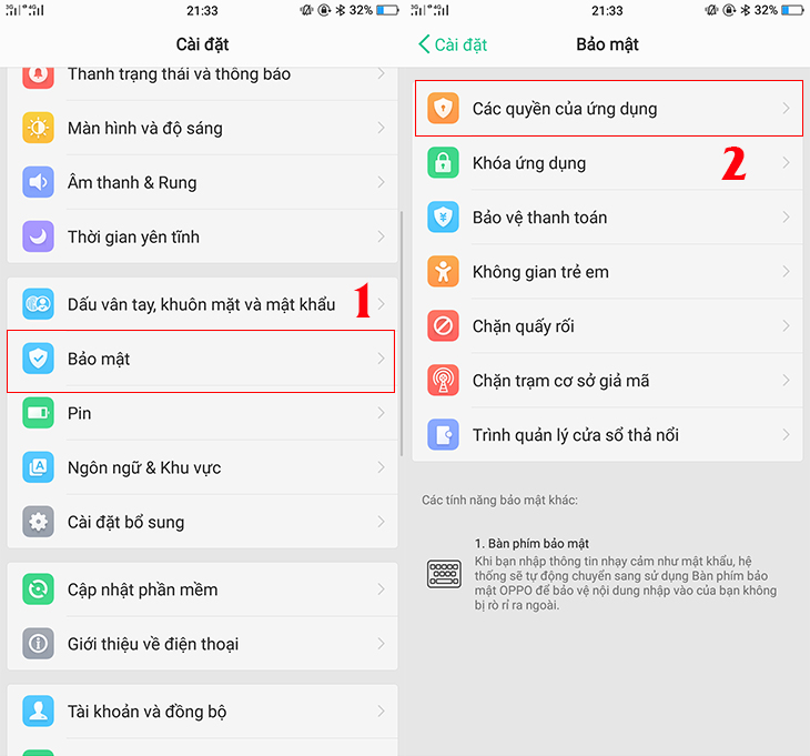Vào Cài đặt > Bảo mật > Các quyền ứng dụng