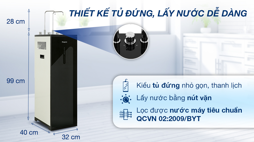 Máy lọc nước RO nóng nguội lạnh Kangaroo KG10A18 10 lõi có thiết kế kiểu tủ đứng, màu sắc sang trọng, dễ bố trí ở nhiều không gian