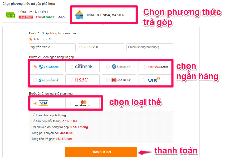 chọn trả góp qua thẻ tín dụng