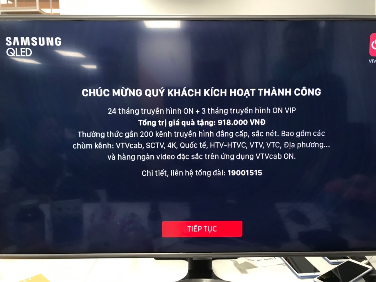 Ấn tiếp tục để sử dụng ứng dụng dịch vụ VTVcab ON