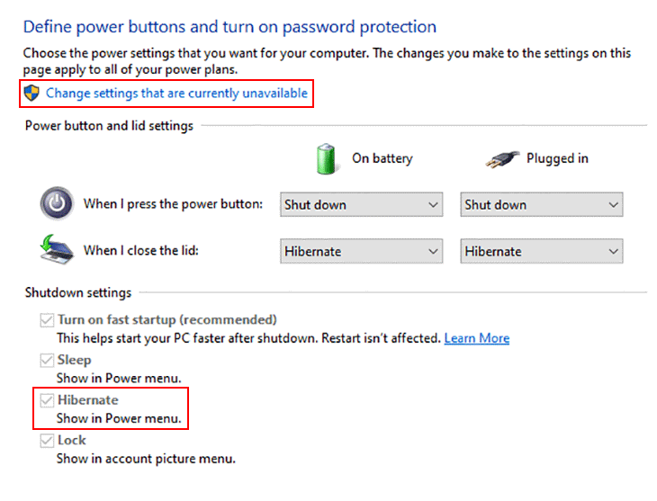 Chọn Change settings that are currently unavailable và bật Hibernate lên