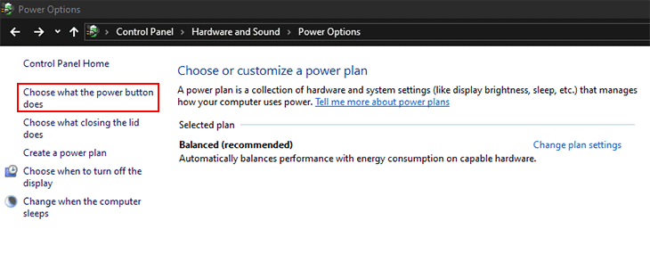 Ở giao diện Power Options, chọn Choose what the power button does ở khung bên trái màn hình