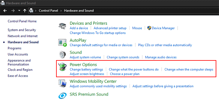 Vào Control Panel > Hardware and Sound > Power Options