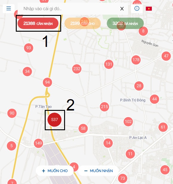 Số liệu của người cần được hỗ trợ được thể hiện bằng màu đỏ