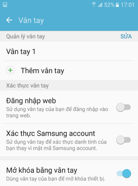 Các thiết lập vân tay