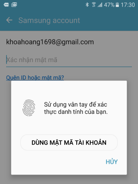 Sử dụng vân tay đăng nhập Samsung account