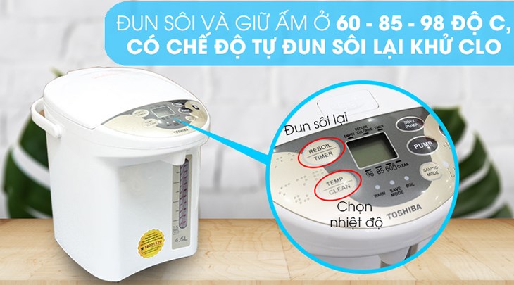 Bình thủy điện Toshiba PLK-45SF(WT)VN 4.5 lít có chế độ đun sôi lại vô cùng tiện lợi
