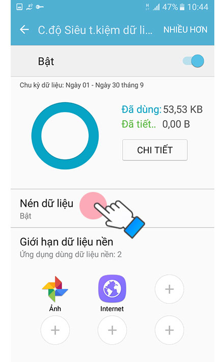 Chọn vào Nén dữ liệu ---> Bật để kích hoạt tính năng này