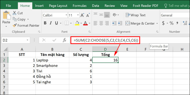 Kết hợp hàm CHOOSE với hàm SUM