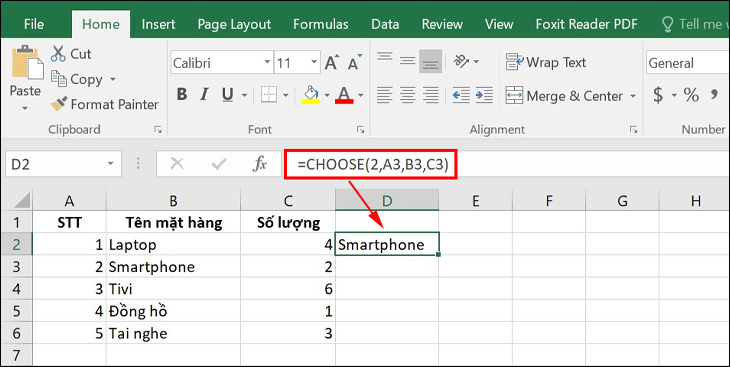 Sử dụng hàm CHOOSE để lấy giá trị chữ