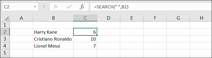 Sử dụng hàm SEARCH để xác định vị trí của khoảng trống