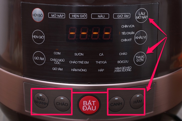 Cài đặt chức năng nấu cơm, sườn, cá, cháo, cháo ngũ cốc, cháo trẻ em, thịt/gà, bò/cừu, súp (canh), hấp, hầm giò heo/hầm xương, lẩu