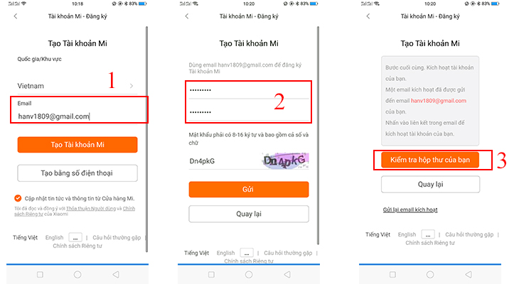 Nhập địa chỉ Email và Mật khẩu (Mật khẩu phải có 8 - 16 ký tự cả số và chữ) >  Nhập mã capcha