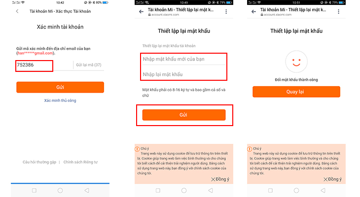 Nhập mã xác minh trong hộp thư email của bạn > Gửi > Thiết lập lại mật khẩu> Đổi mật khẩu thành công