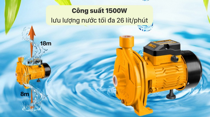 Máy bơm nước ly tâm Ingco MHF15001 1500W có khả năng hút sâu 8m và đẩy lên cao đến 18m