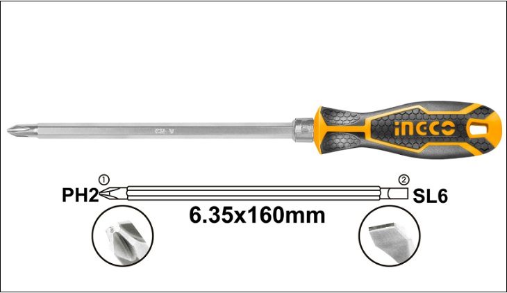 Tua vít 2 in 1 Ingco AKISD0201 có tay cầm chắc chắn, chống trơn và không bị hoen gỉ