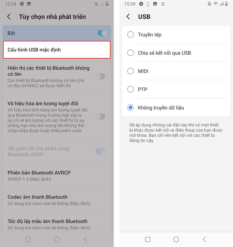 Cấu hình USB mặc định