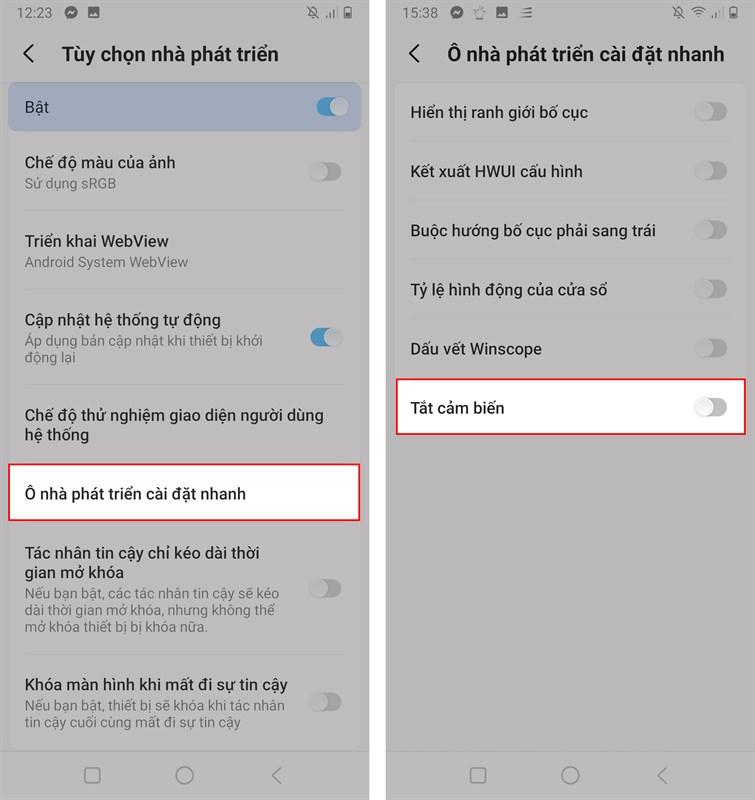 Ô cài đặt nhanh dành cho nhà phát triển