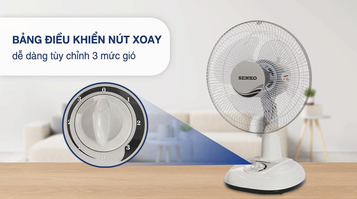 Quạt bàn Senko B1213 sử dụng bảng điều khiển nút xoay dễ dàng thao tác và tùy chỉnh 3 mức gió theo nhu cầu sử dụng