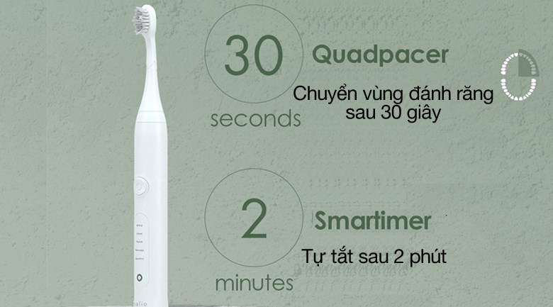 Bàn chải điện Halio Sonic Whitening Pro Midnight Blue được trang bị tính năng Quadpacer có khả năng chuyển vùng đánh răng sau 30 giây