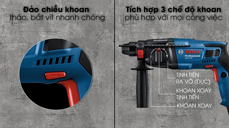 Máy khoan búa điện Bosch GBH 220 720W tích hợp công nghệ Chisel Function và 3 chế độ khoan giúp linh hoạt trong quá trình làm việc