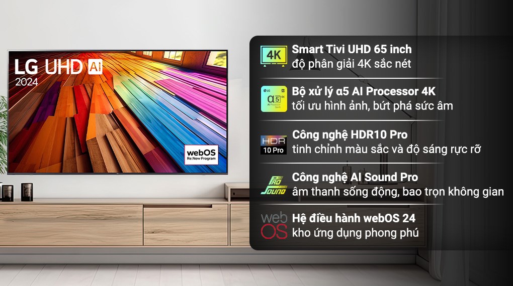 Smart Tivi LG AI 4K 65 inch 65UT8050PSB tăng cường độ tương phản, màu sắc chân thực với công nghệ HDR10 Pro