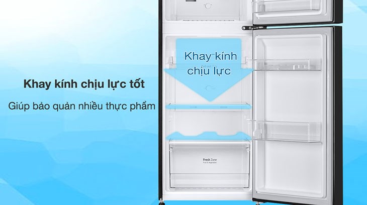 Tủ lạnh LG Inverter 217 Lít GV-B212WB sử dụng khay ngăn kính cường lực, chịu lực tốt, giúp an tâm khi bảo quản số lượng lớn thực phẩm