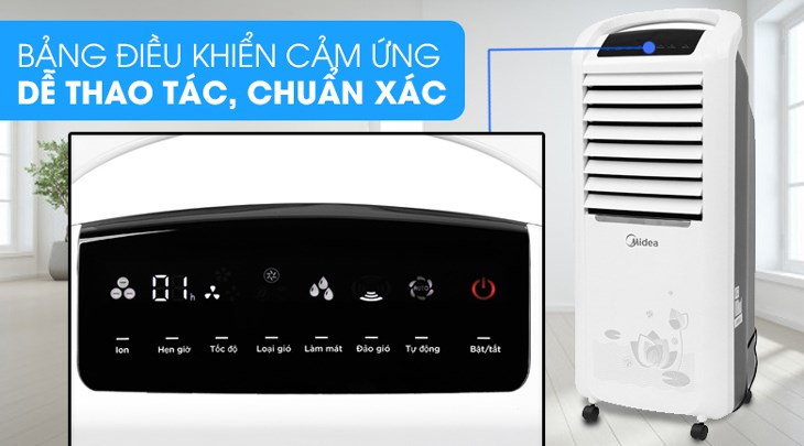 Quạt điều hòa Midea AC200-19WV sử dụng bảng điều khiển cảm ứng đi kèm remote điều khiển từ xa dễ dàng thao tác nên người già và trẻ em đều có thể tinh chỉnh được
