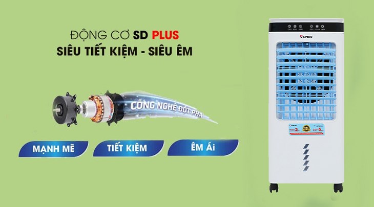 Quạt điều hòa Rapido 6000D sử dụng động cơ SD Plus siêu êm, siêu tiết kiệm điện với độ ồn vận hành từ 64 - 68 - 72dB