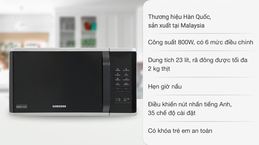 Lò vi sóng Samsung MS23K3513AS/SV-N 23 lít thiết kế hiện đại, màu sắc và kiểu dáng sang trọng, nổi bật trong không gian bếp sử dụng
