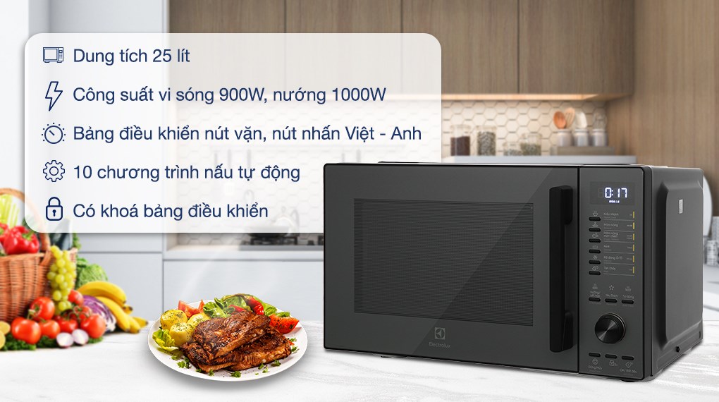 Lò vi sóng có nướng Electrolux EMG25D22BM 25 lít có công suất được chia thành 5 mức phù hợp với các chức năng rã đông, hâm nóng, nấu,...