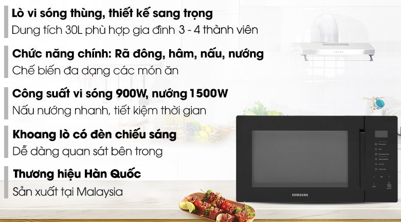 Lò vi sóng có nướng Samsung MG30T5018CK/SV 30 lít có thể bỏ vừa gà nguyên con khoảng 1.5 kg