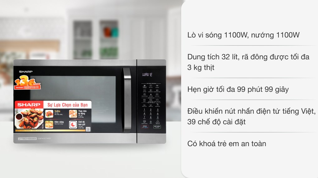 Lò vi sóng có nướng Sharp R-C932XVN-BST 32 lít dùng thoải mái cho gia đình đông người, có thể sử dụng phục vụ bếp nấu trong kinh doanh ăn uống