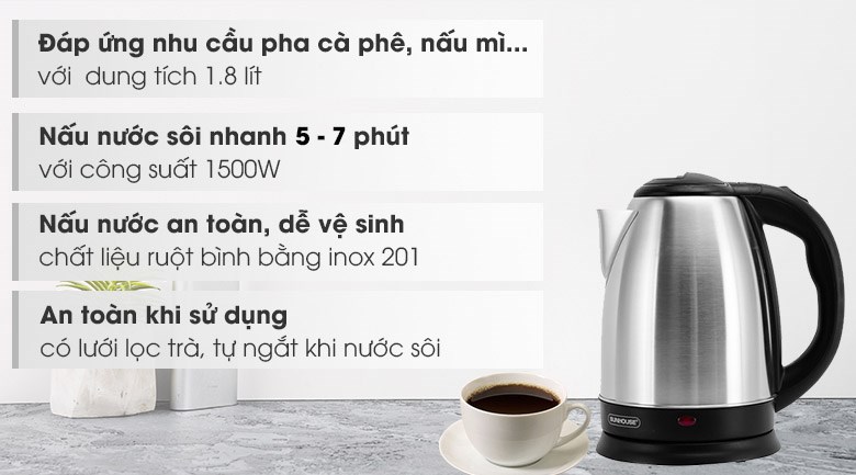 Bình đun siêu tốc Sunhouse 1.8 lít SHD1182 sản xuất tại Việt Nam