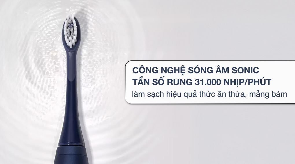 Bàn chải điện Halio Sonic Whitening Pro Midnight Blue sử dụng công nghệ sóng âm Sonic với tần số rung 31.000 nhịp/phút giúp làm sạch cặn thức ăn và mảng bám tối ưu