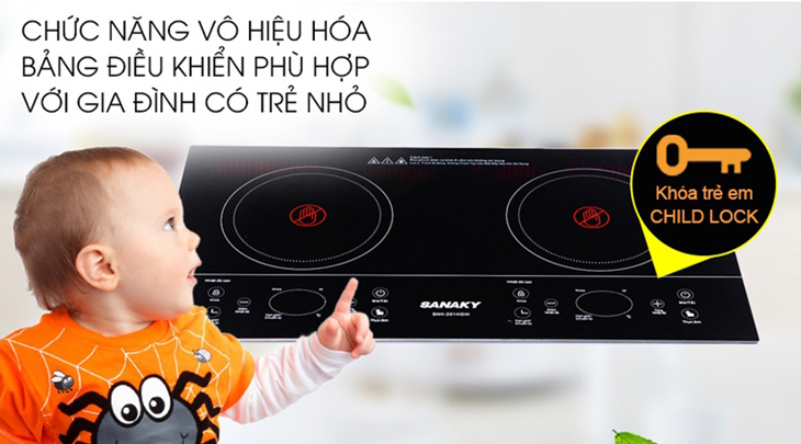 Bếp hồng ngoại đôi lắp âm Sanaky SNK-201HGW được trang bị chức năng khóa bảng điều khiển giúp bảo vệ an toàn cho trẻ nhỏ
