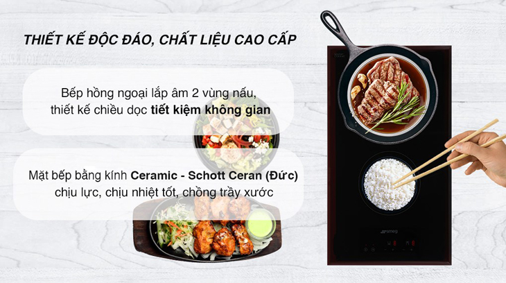 Bếp hồng ngoại đôi lắp âm Smeg SE332EB (535.64.241) sử dụng kính Ceramic - Schott Ceran bóng loáng, chịu lực, chịu nhiệt tốt