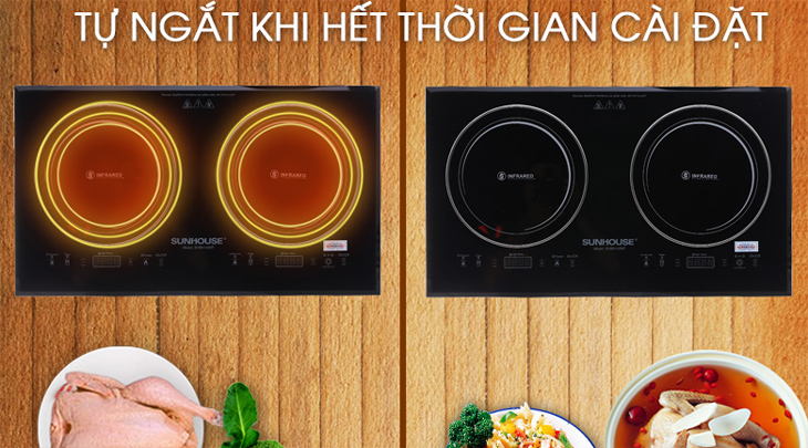 Bếp hồng ngoại đôi lắp âm Sunhouse SHB9102MT có thể tự ngắt khi hết thời gian cài đặt hẹn giờ, đảm bảo độ an toàn khi dùng